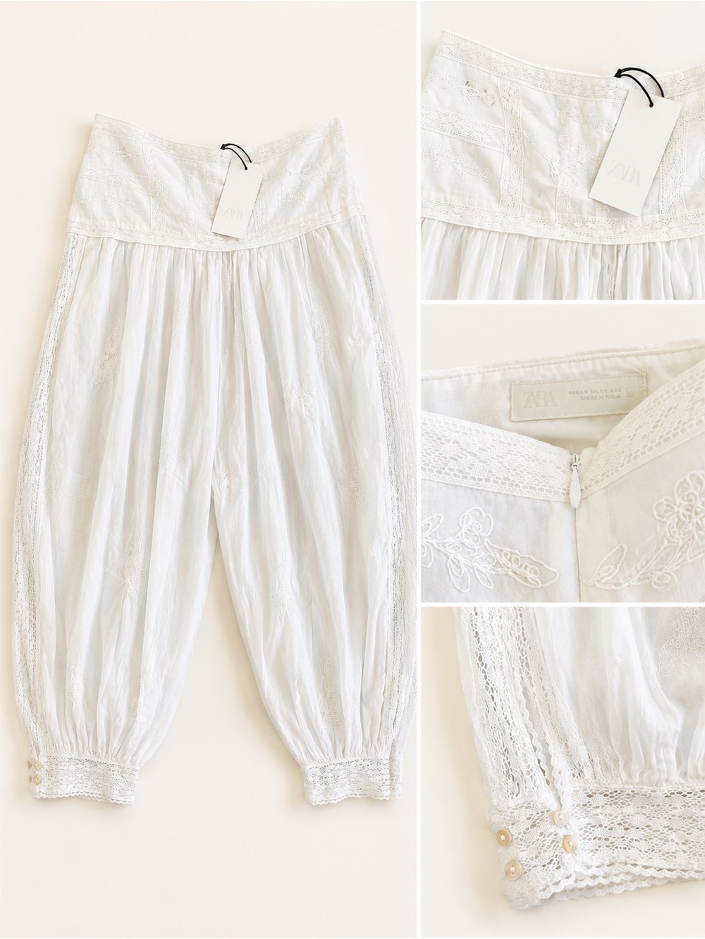 ZARA White Embroidered Cotton Cropped Harem Pants